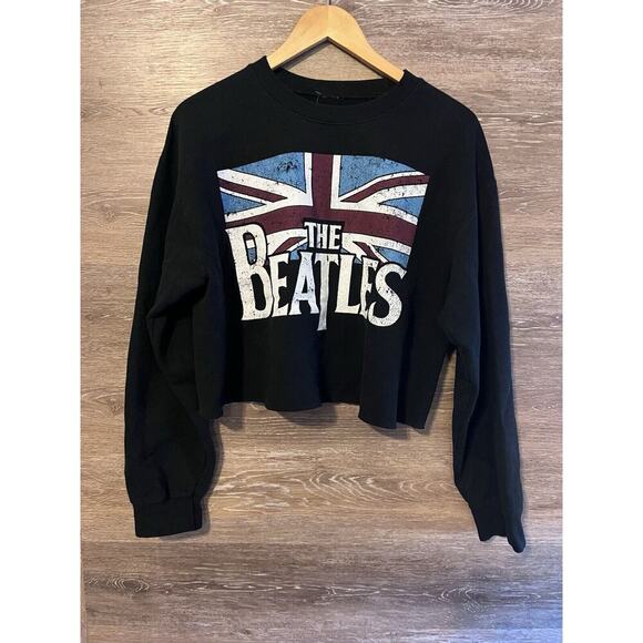 Beatles Sweater Cropped Size m Black Uk Flag - Picture 1 of 4